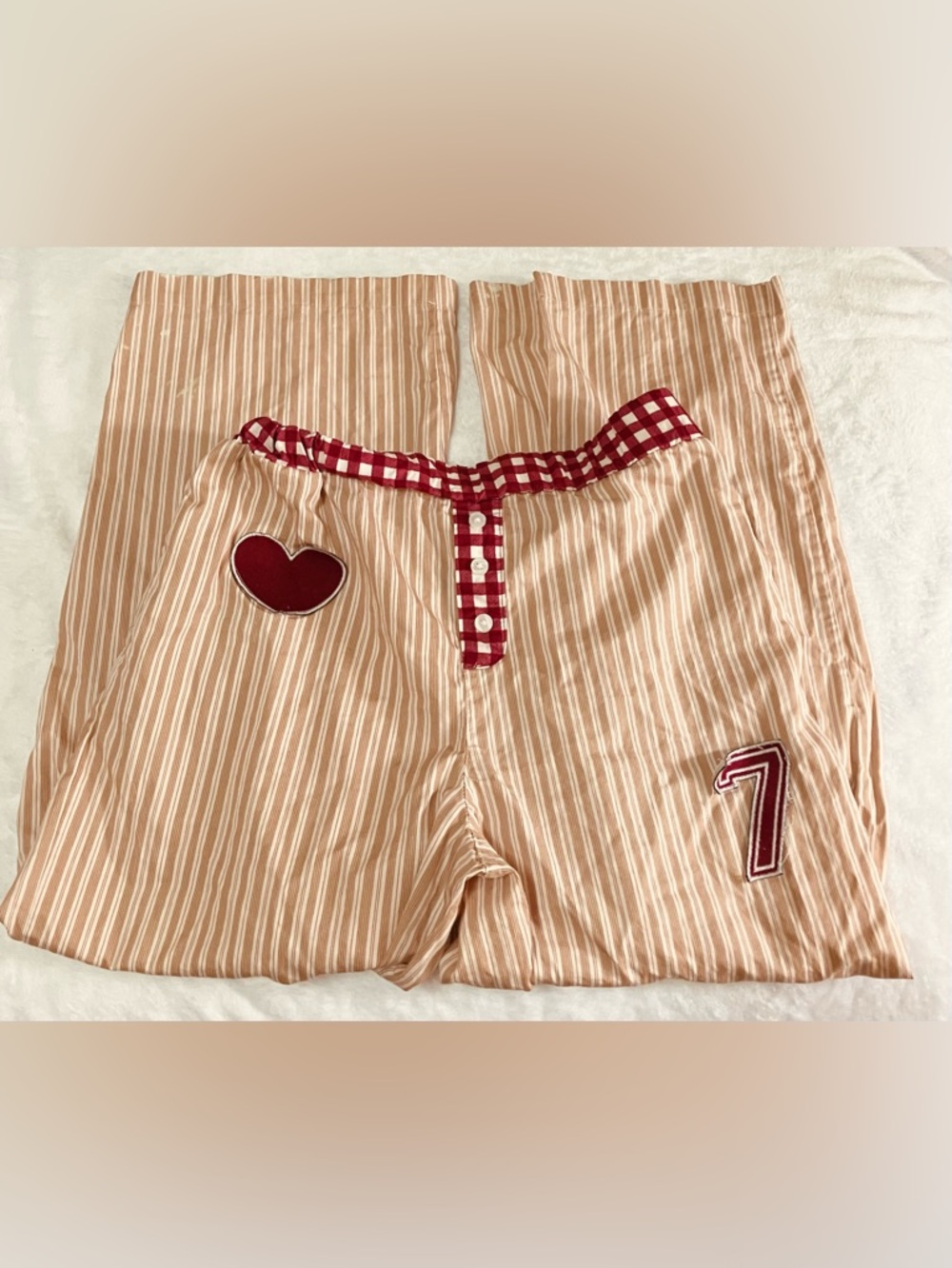Girls Speechless Red, White And Tan Striped Gingham Pants with Patch Detailing